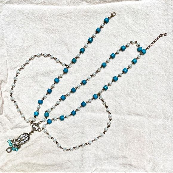 GOLD TONE HANDMADE HEADPIECE CROWN BLUE WOODED BEADS FAUX PEARL & SWAROVSKI NWT - Picture 4 of 8